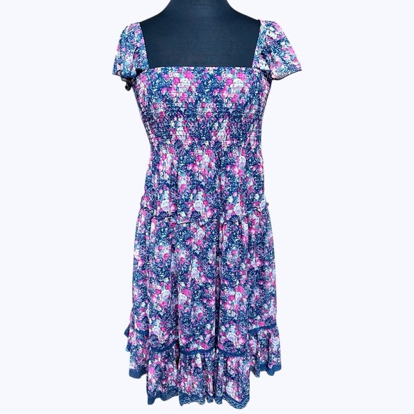 LAPIS Floral Print Square Neckline Puff Sleeves Smocked Tiered Sundress Sz Small - Picture 1 of 15